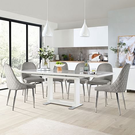Tokyo Extending Dining Table & 8 Ricco Chairs, White High Gloss, Grey Classic Velvet & Chrome, 160-220cm