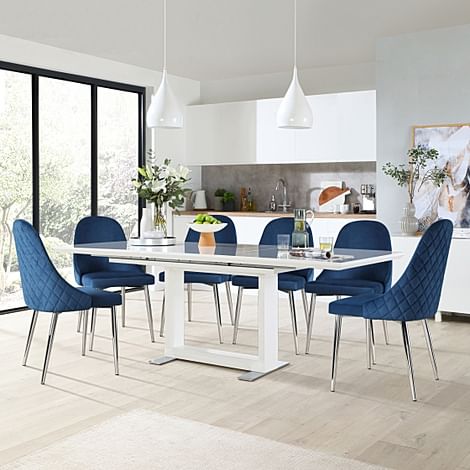Tokyo Extending Dining Table & 4 Ricco Chairs, White High Gloss, Blue Classic Velvet & Chrome, 160-220cm