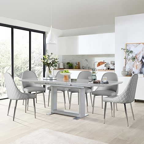 Tokyo Extending Dining Table & 4 Ricco Chairs, Grey High Gloss, Light Grey Premium Faux Leather & Chrome, 160-220cm