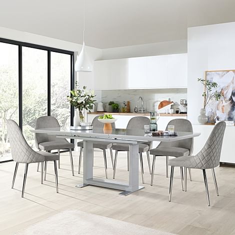 Tokyo Extending Dining Table & 4 Ricco Chairs, Grey High Gloss, Grey Classic Velvet & Chrome, 160-220cm