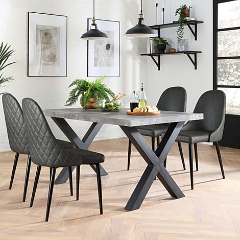 Franklin Industrial Dining Table & 4 Ricco Chairs, Grey Concrete Effect & Black Steel, Vintage Grey Premium Faux Leather, 150cm