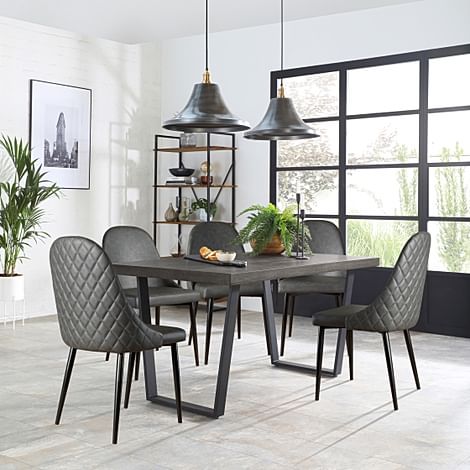 Addison Industrial Dining Table & 6 Ricco Chairs, Grey Oak Veneer & Black Steel, Vintage Grey Premium Faux Leather, 150cm