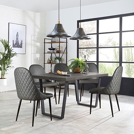 Addison Dining Table & 6 Ricco Chairs, Grey Oak Veneer & Black Steel, Vintage Grey Premium Faux Leather, 150cm