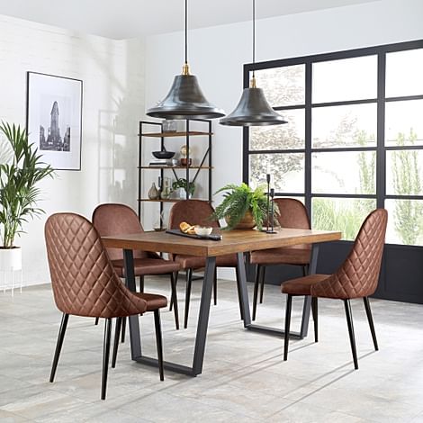 Addison Industrial Dining Table & 4 Ricco Chairs, Dark Oak Veneer & Black Steel, Tan Premium Faux Leather, 200cm