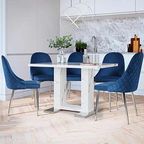 Joule Dining Table & 6 Ricco Chairs, White Marble Effect, Blue Classic Velvet & Chrome, 120cm