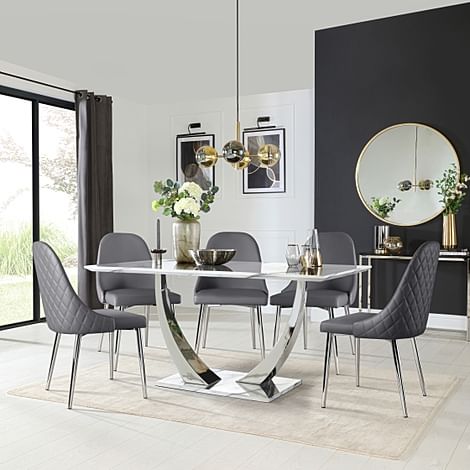 Peake Dining Table & 6 Ricco Chairs, White Marble Effect & Chrome, Grey Premium Faux Leather, 160cm