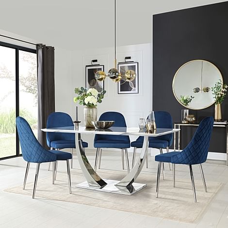 Peake Dining Table & 4 Ricco Chairs, White Marble Effect & Chrome, Blue Classic Velvet, 160cm