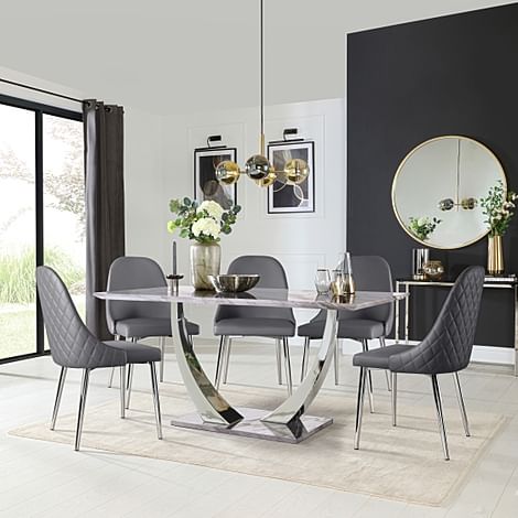 Peake Dining Table & 4 Ricco Chairs, Grey Marble Effect & Chrome, Grey Premium Faux Leather, 160cm