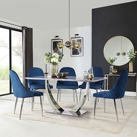 Peake Dining Table & 6 Ricco Chairs, Grey Marble Effect & Chrome, Blue Classic Velvet, 160cm
