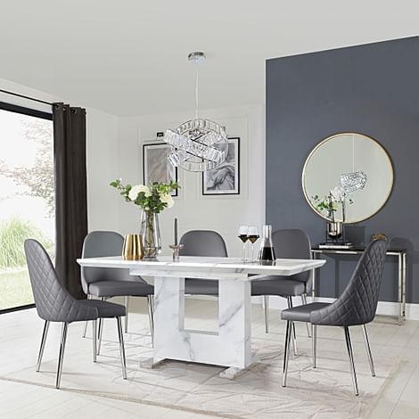 Florence Extending Dining Table & 6 Ricco Chairs, White Marble Effect, Grey Premium Faux Leather & Chrome, 120-160cm