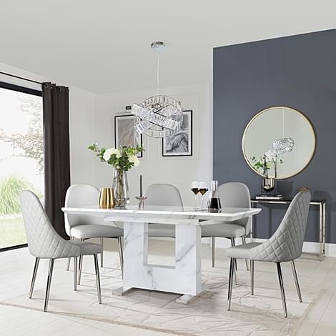 Florence Extending Dining Table & 6 Ricco Chairs, White Marble Effect, Light Grey Premium Faux Leather & Chrome, 120-160cm