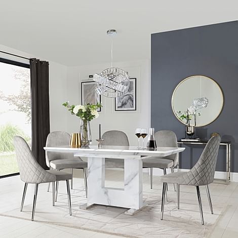 Florence Extending Dining Table & 4 Ricco Chairs, White Marble Effect, Grey Classic Velvet & Chrome, 120-160cm