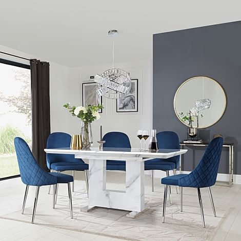 Florence Extending Dining Table & 4 Ricco Chairs, White Marble Effect, Blue Classic Velvet & Chrome, 120-160cm