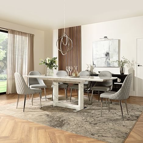 Tokyo Extending Dining Table & 4 Ricco Chairs, White Marble Effect, Light Grey Premium Faux Leather & Chrome, 160-220cm