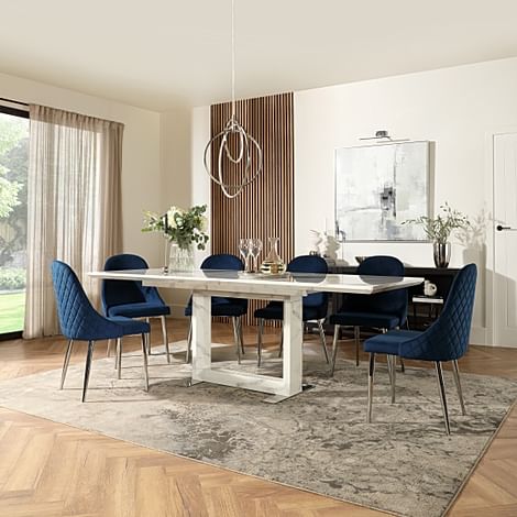 Tokyo Extending Dining Table & 4 Ricco Chairs, White Marble Effect, Blue Classic Velvet & Chrome, 160-220cm