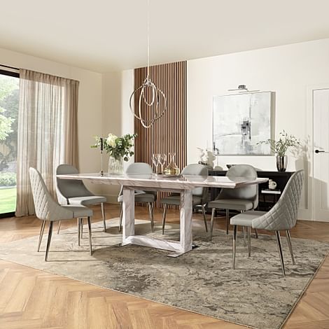 Tokyo Extending Dining Table & 8 Ricco Chairs, Grey Marble Effect, Light Grey Premium Faux Leather & Chrome, 160-220cm