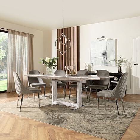 Tokyo Extending Dining Table & 4 Ricco Chairs, Grey Marble Effect, Grey Classic Velvet & Chrome, 160-220cm