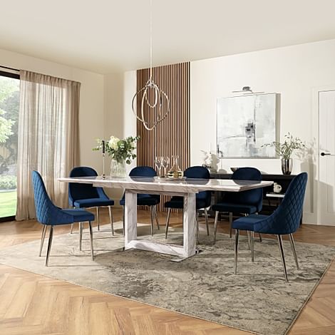 Tokyo Extending Dining Table & 4 Ricco Chairs, Grey Marble Effect, Blue Classic Velvet & Chrome, 160-220cm