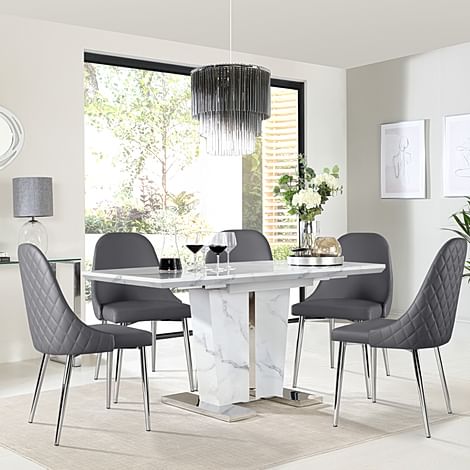 Vienna Extending Dining Table & 4 Ricco Chairs, White Marble Effect, Grey Premium Faux Leather & Chrome, 120-160cm
