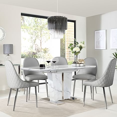 Vienna Extending Dining Table & 6 Ricco Chairs, White Marble Effect, Light Grey Premium Faux Leather & Chrome, 120-160cm
