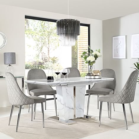 Vienna Extending Dining Table & 4 Ricco Chairs, White Marble Effect, Grey Classic Velvet & Chrome, 120-160cm