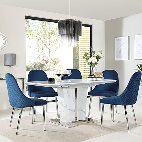 Vienna Extending Dining Table & 4 Ricco Chairs, White Marble Effect, Blue Classic Velvet & Chrome, 120-160cm