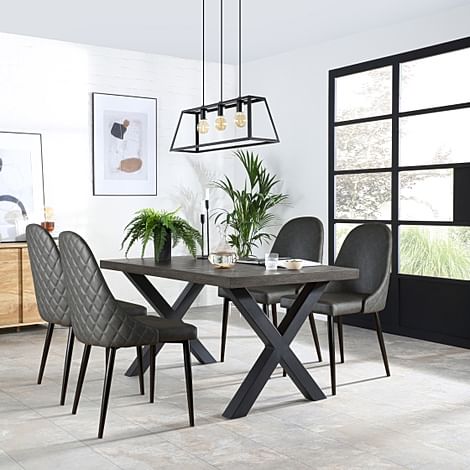 Franklin Industrial Dining Table & 4 Ricco Chairs, Grey Oak Veneer & Black Steel, Vintage Grey Premium Faux Leather, 150cm