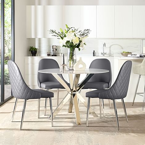 Plaza Round Dining Table & 4 Ricco Chairs, Grey Marble Effect & Chrome, Grey Premium Faux Leather, 110cm