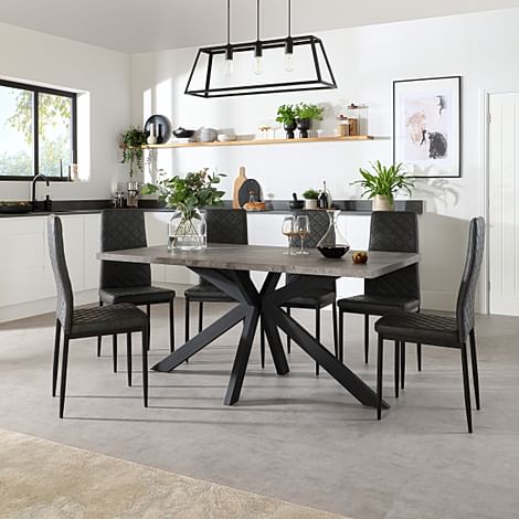 Madison Industrial Dining Table & 4 Renzo Chairs, Grey Concrete Effect & Black Steel, Vintage Grey Classic Faux Leather, 160cm