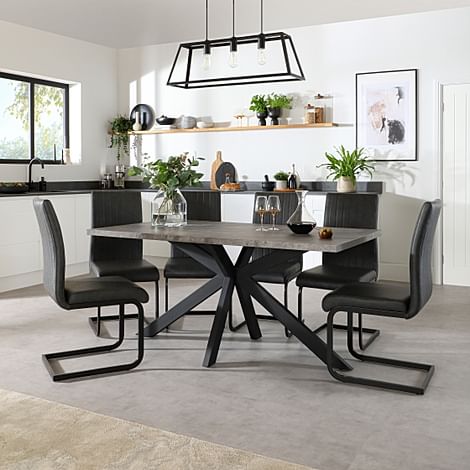 Madison Industrial Dining Table & 4 Perth Chairs, Grey Concrete Effect & Black Steel, Vintage Grey Classic Faux Leather, 160cm