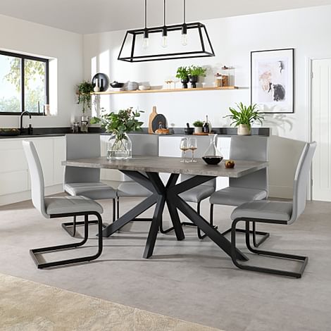 Madison Industrial Dining Table & 4 Perth Chairs, Grey Concrete Effect & Black Steel, Light Grey Classic Faux Leather, 160cm