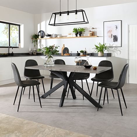 Madison Industrial Dining Table & 4 Brooklyn Chairs, Grey Concrete Effect & Black Steel, Vintage Grey Classic Faux Leather, 160cm
