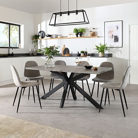 Madison Industrial Dining Table & 4 Brooklyn Chairs, Grey Concrete Effect & Black Steel, Grey Classic Velvet, 160cm