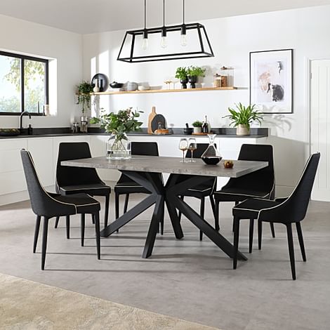 Madison Industrial Dining Table & 6 Modena Chairs, Grey Concrete Effect & Black Steel, Black Classic Linen-Weave Fabric, 160cm