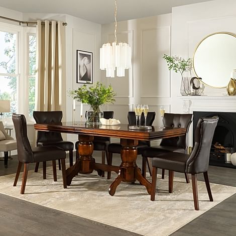 Chatsworth Extending Dining Table & 8 Bewley Chairs, Dark Solid Hardwood, Brown Classic Faux Leather, 150-180cm