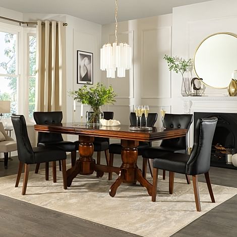 Chatsworth Extending Dining Table & 8 Bewley Chairs, Dark Solid Hardwood, Black Classic Faux Leather, 150-180cm