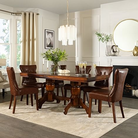 Chatsworth Extending Dining Table & 8 Bewley Chairs, Dark Solid Hardwood, Club Brown Classic Faux Leather, 150-180cm
