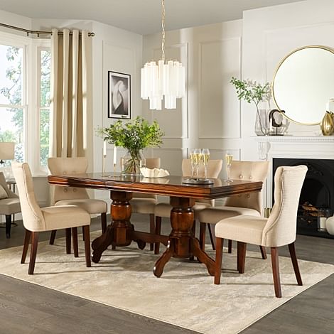 Chatsworth Extending Dining Table & 8 Bewley Chairs, Dark Solid Hardwood, Oatmeal Classic Linen-Weave Fabric, 150-180cm