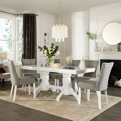 Chatsworth Extending Dining Table & 8 Bewley Chairs, White Wood, Light Grey Classic Linen-Weave Fabric, 150-180cm