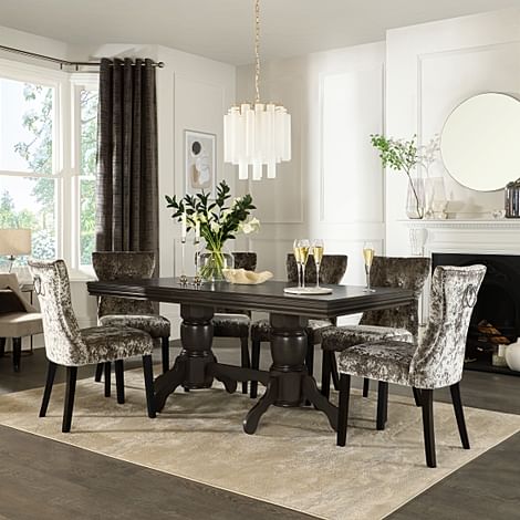 Chatsworth Extending Dining Table & 8 Kensington Chairs, Grey Birch Veneer & Solid Hardwood, Silver Crushed Velvet & Black Solid Hardwood, 150-180cm