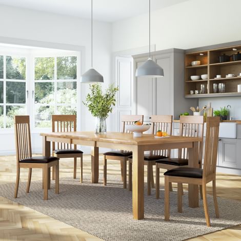 Highbury Extending Dining Table & 4 Oxford Chairs, Natural Oak Finished Solid Hardwood, Brown Classic Faux Leather, 150-200cm