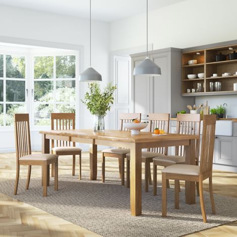 Highbury Extending Dining Table & 4 Oxford Chairs, Natural Oak Finished Solid Hardwood, Ivory Classic Faux Leather, 150-200cm