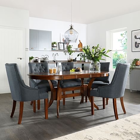 Townhouse Oval Extending Dining Table & 6 Duke Chairs, Dark Solid Hardwood, Slate Grey Classic Linen-Weave Fabric, 150-180cm