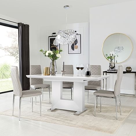 Florence Extending Dining Table & 4 Renzo Chairs, White High Gloss, Stone Grey Classic Faux Leather & Chrome, 120-160cm