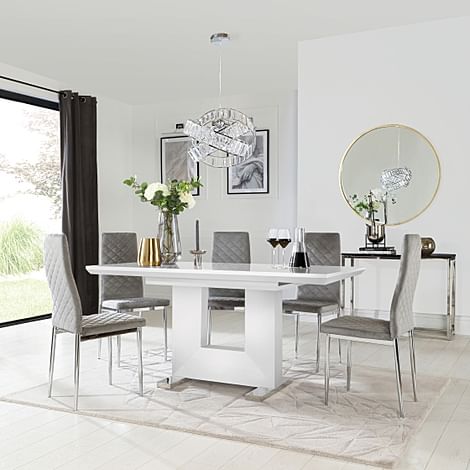 Florence Extending Dining Table & 6 Renzo Chairs, White High Gloss, Grey Classic Velvet & Chrome, 120-160cm