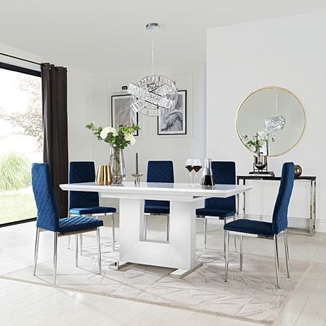 Florence Extending Dining Table & 4 Renzo Chairs, White High Gloss, Blue Classic Velvet & Chrome, 120-160cm