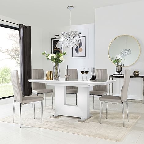 Florence Extending Dining Table & 4 Leon Chairs, White High Gloss, Stone Grey Classic Faux Leather & Chrome, 120-160cm