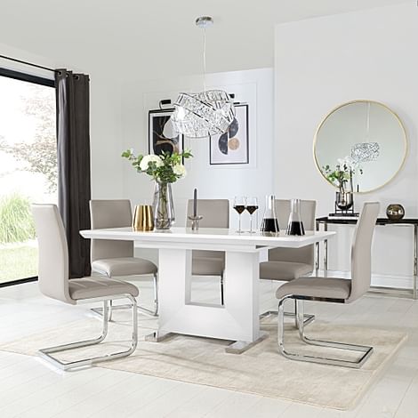 Florence Extending Dining Table & 4 Perth Chairs, White High Gloss, Stone Grey Classic Faux Leather & Chrome, 120-160cm
