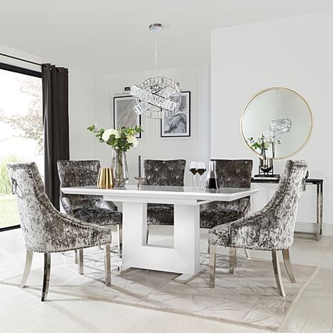 Florence Extending Dining Table & 4 Imperial Chairs, White High Gloss, Silver Crushed Velvet & Chrome, 120-160cm