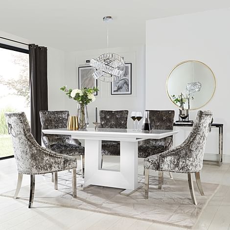 Florence Extending Dining Table & 4 Imperial Chairs, White High Gloss, Silver Crushed Velvet & Chrome, 120-160cm